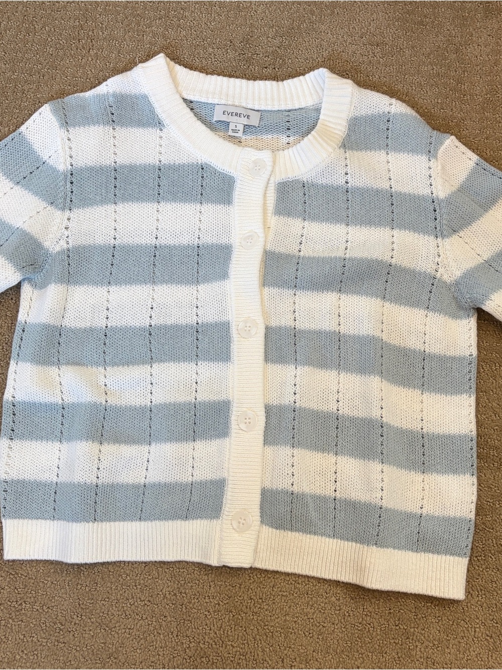 Evereve Striped Crewneck Cardigan - White & Light Blue